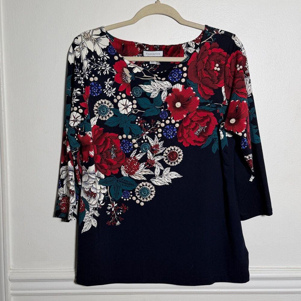 Charter Club Floral Top Women's L Navy Red 3/4 Sleeve Stretch Boat Neck
